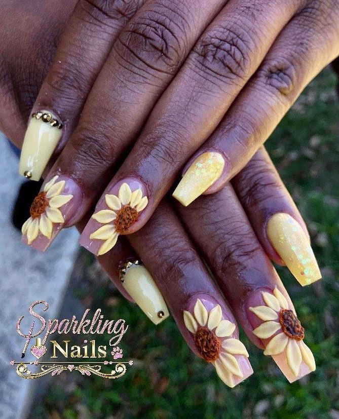 Trendy Sunflower Nail Art Designs for Summer