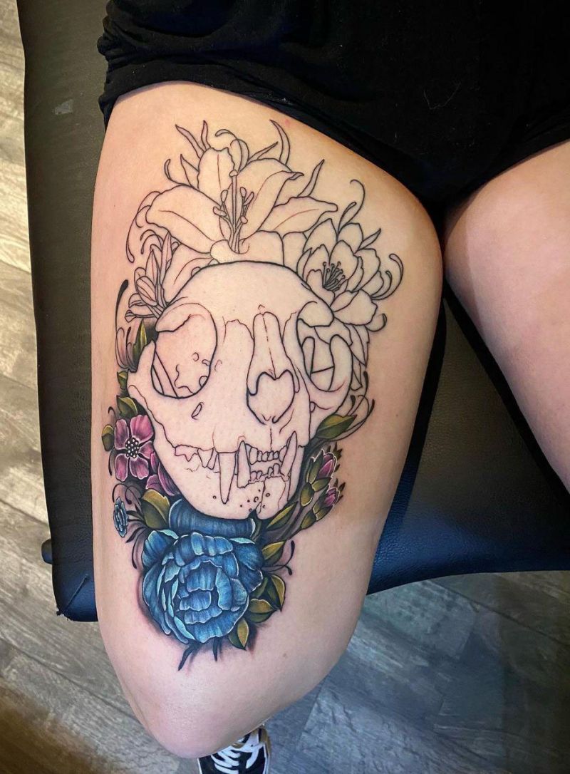 30 Pretty Cat Skull Tattoos You Will Love