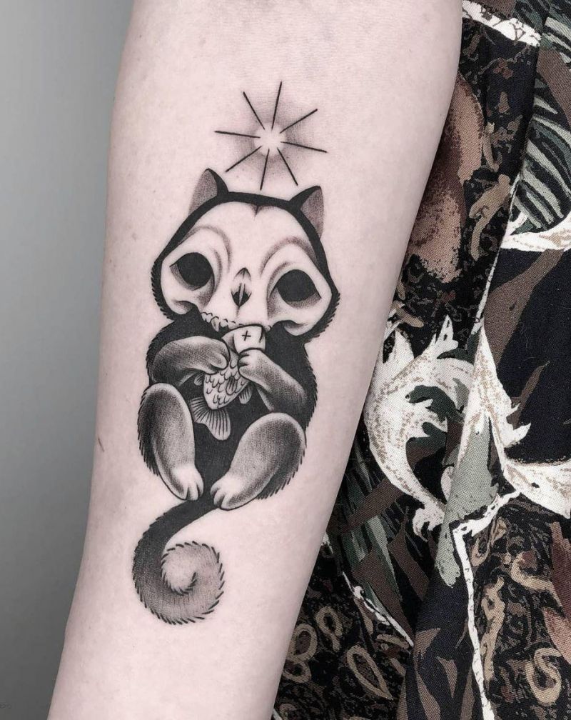 30 Pretty Cat Skull Tattoos You Will Love