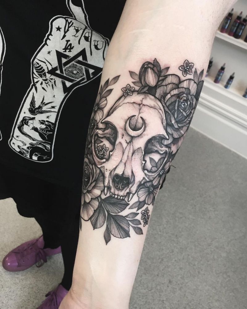 30 Pretty Cat Skull Tattoos You Will Love