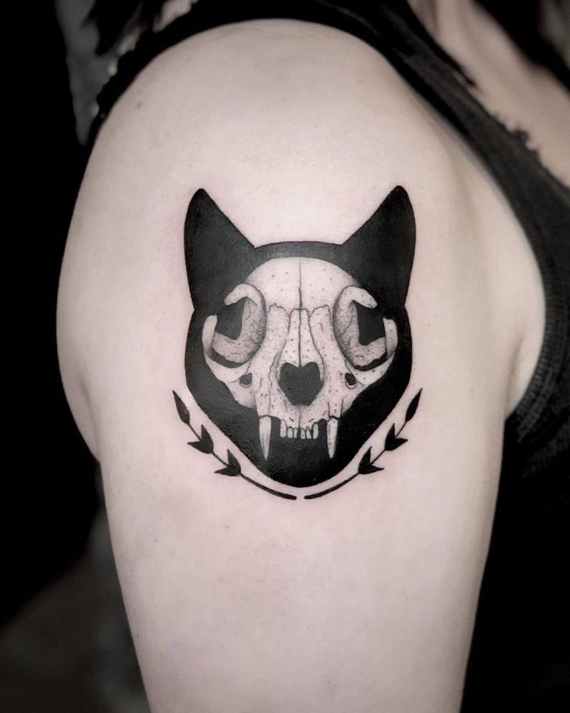 30 Pretty Cat Skull Tattoos You Will Love