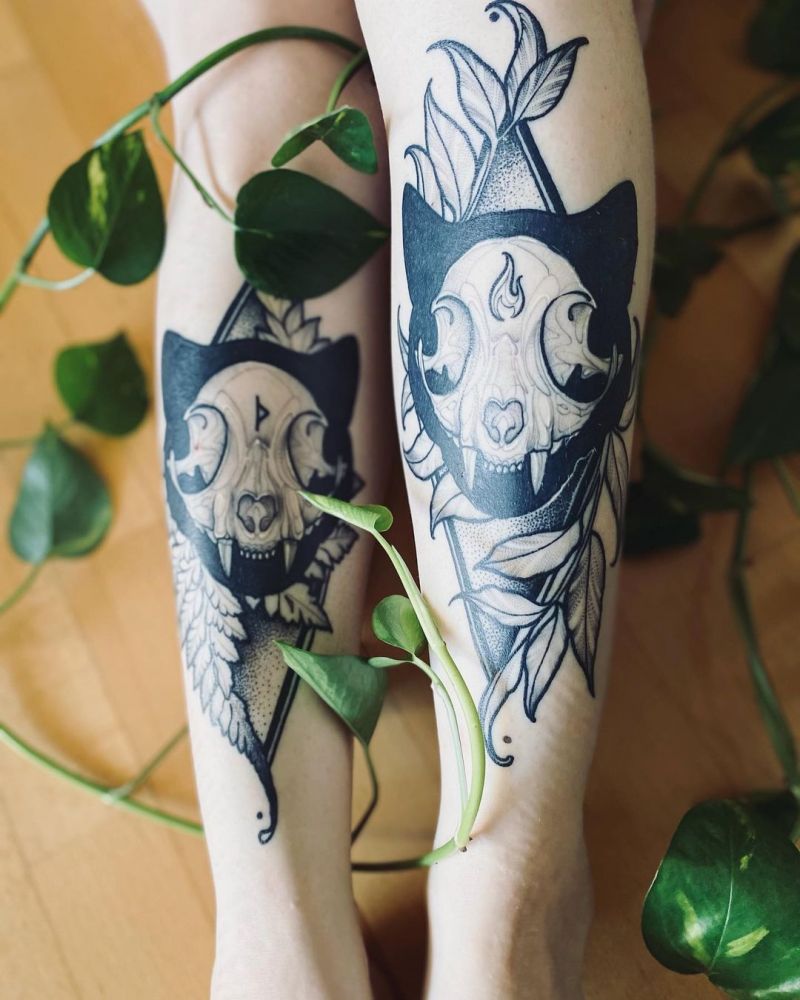 30 Pretty Cat Skull Tattoos You Will Love