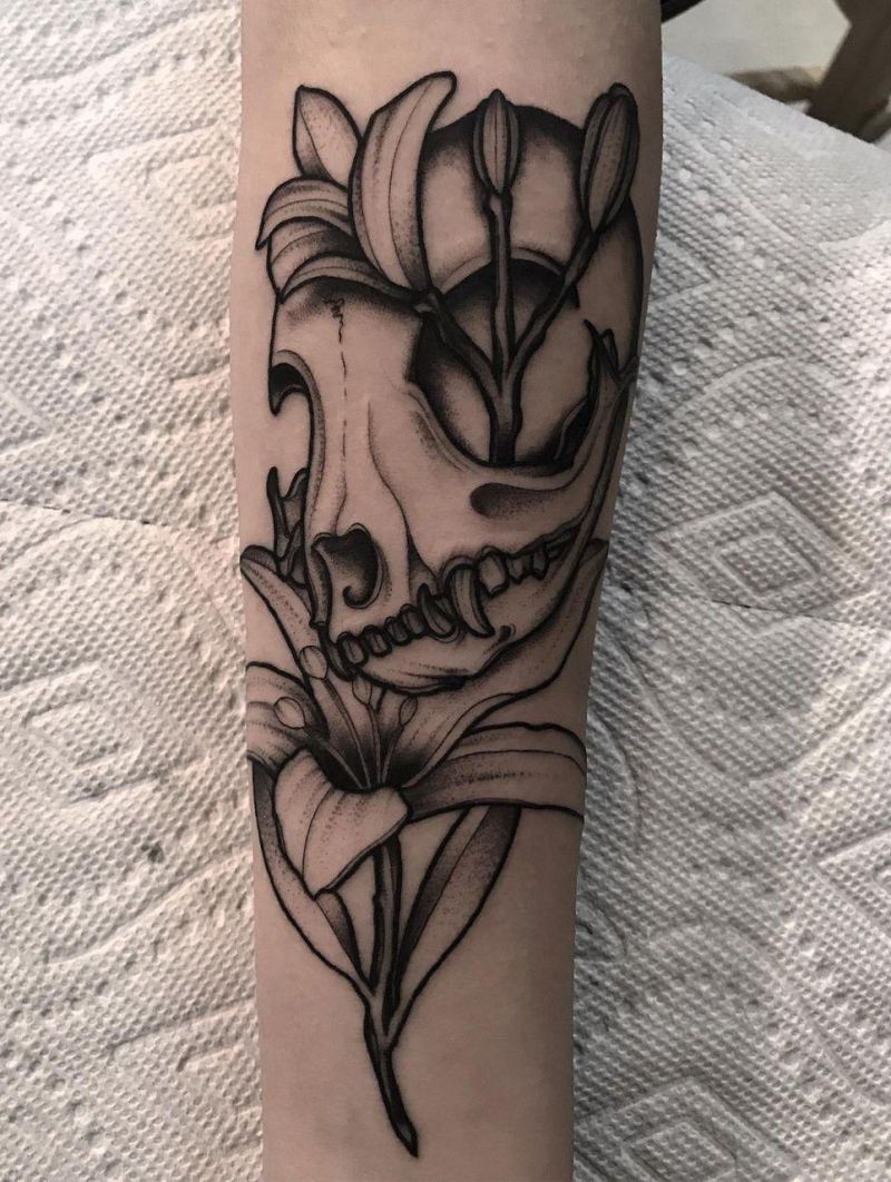 30 Pretty Cat Skull Tattoos You Will Love