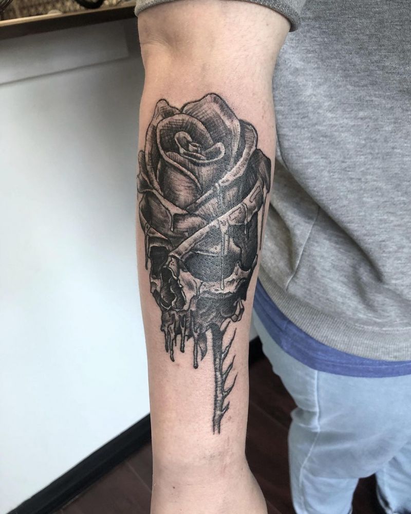 30 Pretty Rose Skull Tattoos to Inspire You