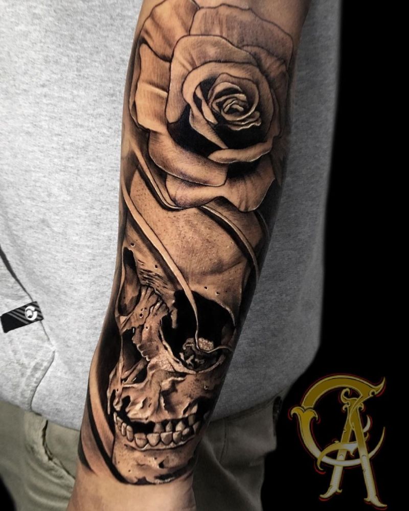 30 Pretty Rose Skull Tattoos to Inspire You