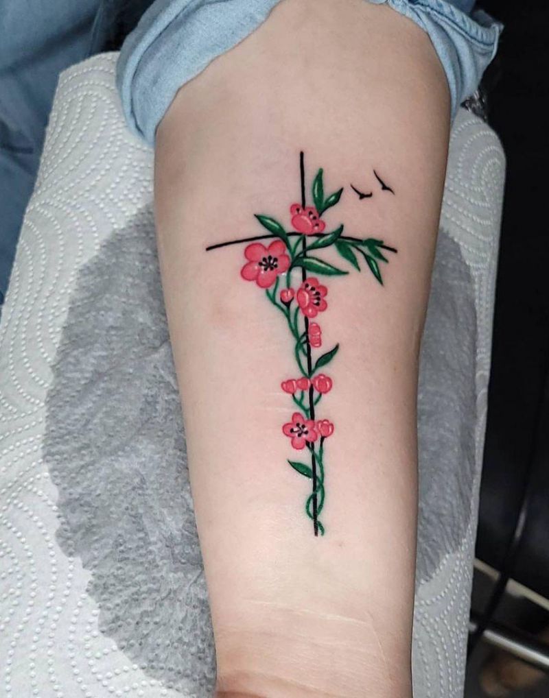 30 Pretty Cross Flower Tattoos to Inspire You