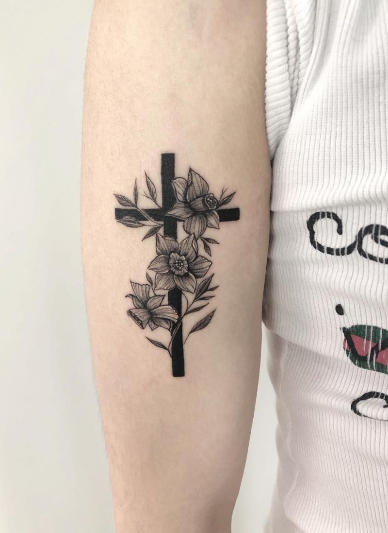 30 Pretty Cross Flower Tattoos to Inspire You