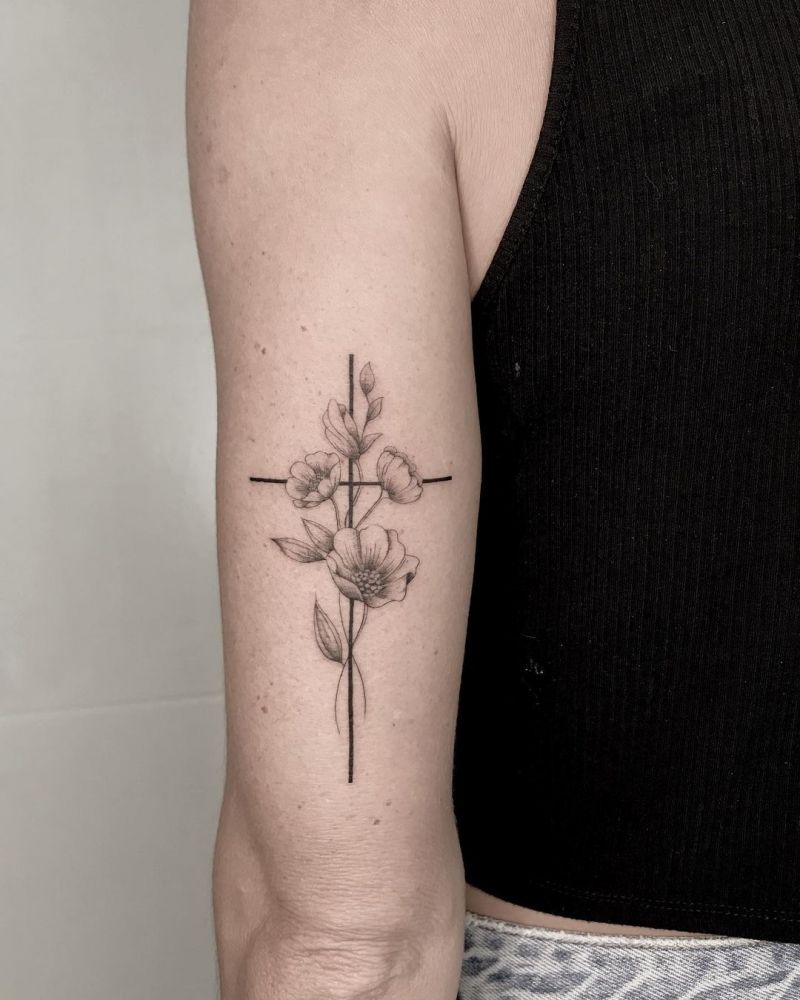 30 Pretty Cross Flower Tattoos to Inspire You