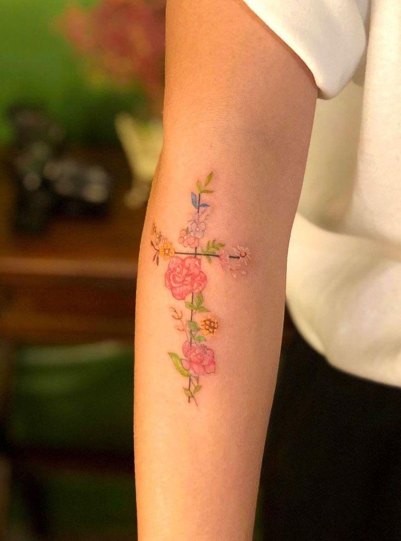 30 Pretty Cross Flower Tattoos to Inspire You