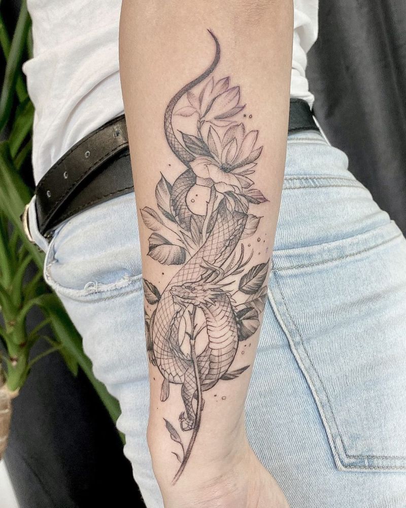 30 Perfect Dragon and flower Tattoos to Inspire You