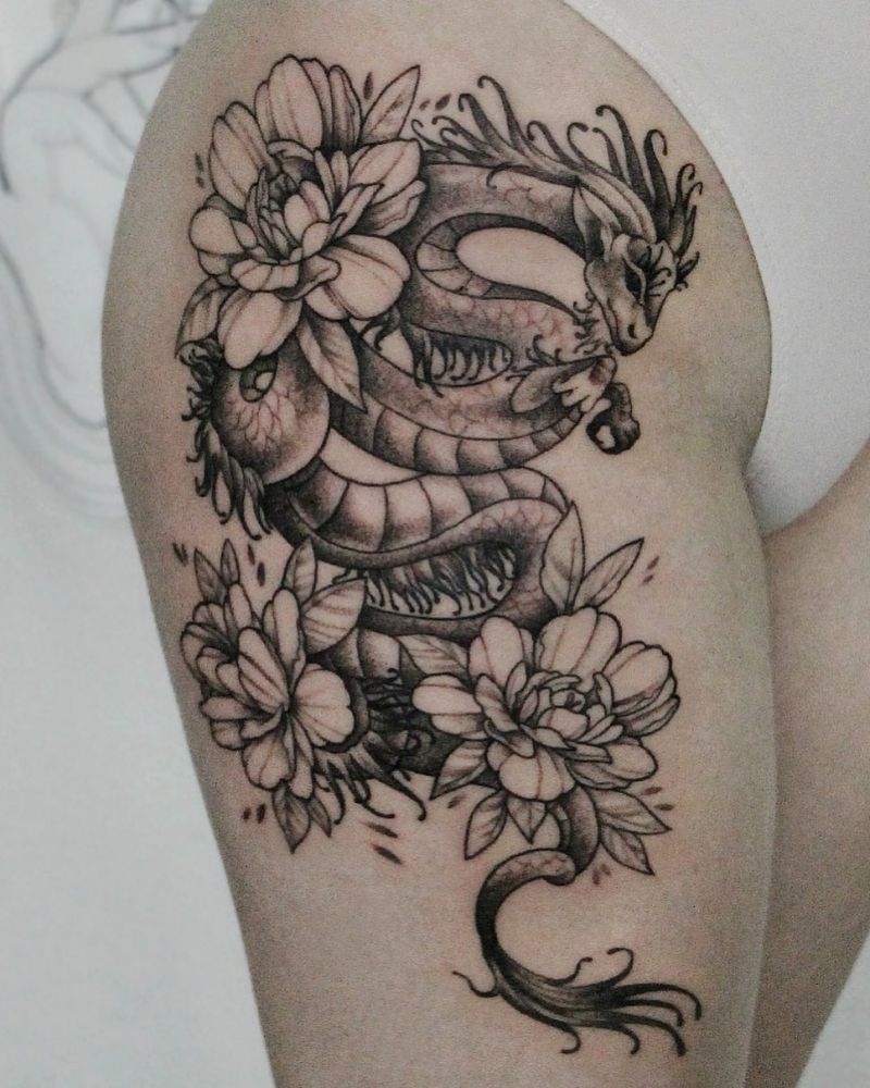 30 Perfect Dragon and flower Tattoos to Inspire You