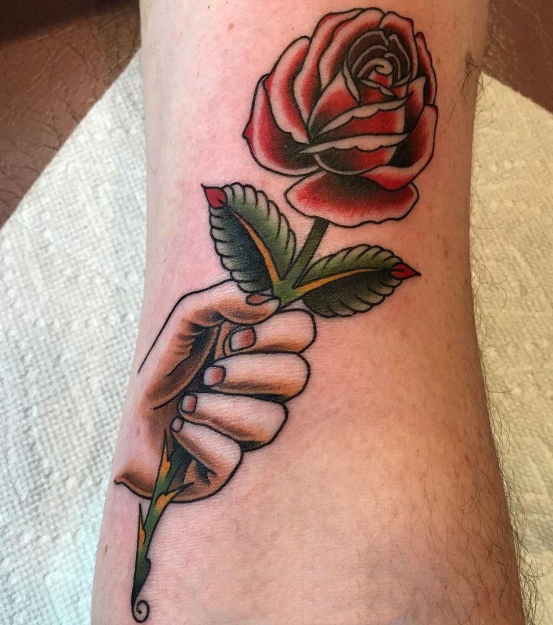 30 Unique Hand Holding Rose Tattoos You Must Love