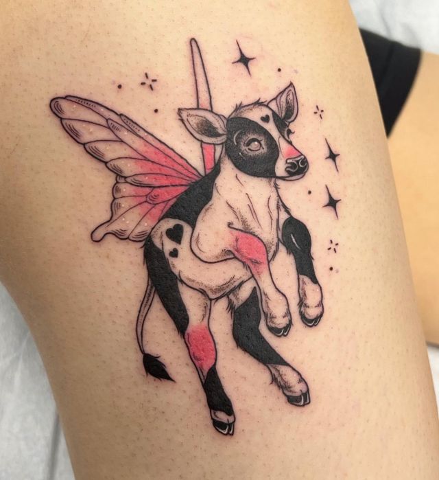 Fairy Cow Tattoo with Pink Wings