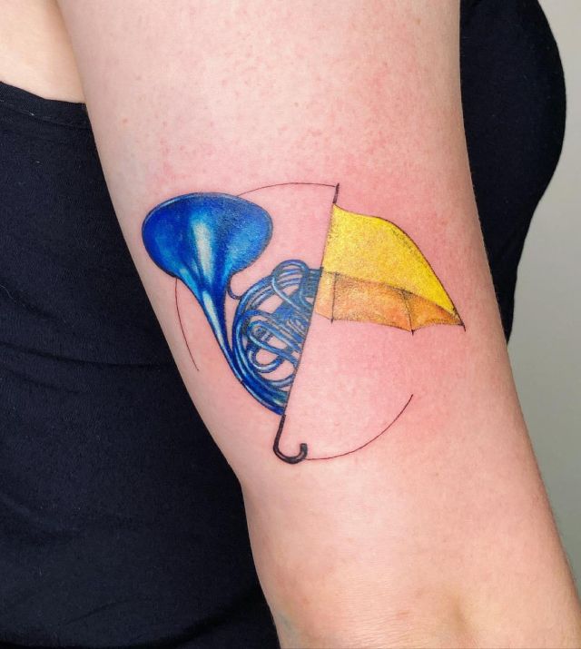 Blue French Trumpet and Yellow Umbrella Tattoo