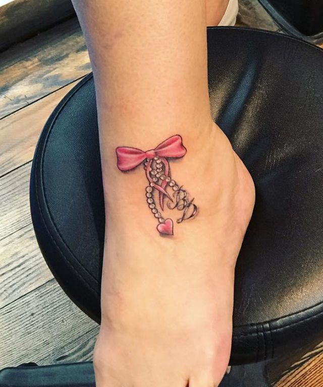 Beautiful Pink Bow Tie Tattoo on Ankle