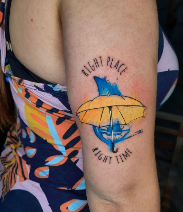 Watercolor Blue French Trumpet and Yellow Umbrella Tattoo with Right Place and Right Time Letters
