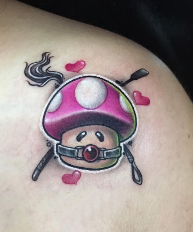 Cute Pink Mario Mushroom Tattoo on Shouder
