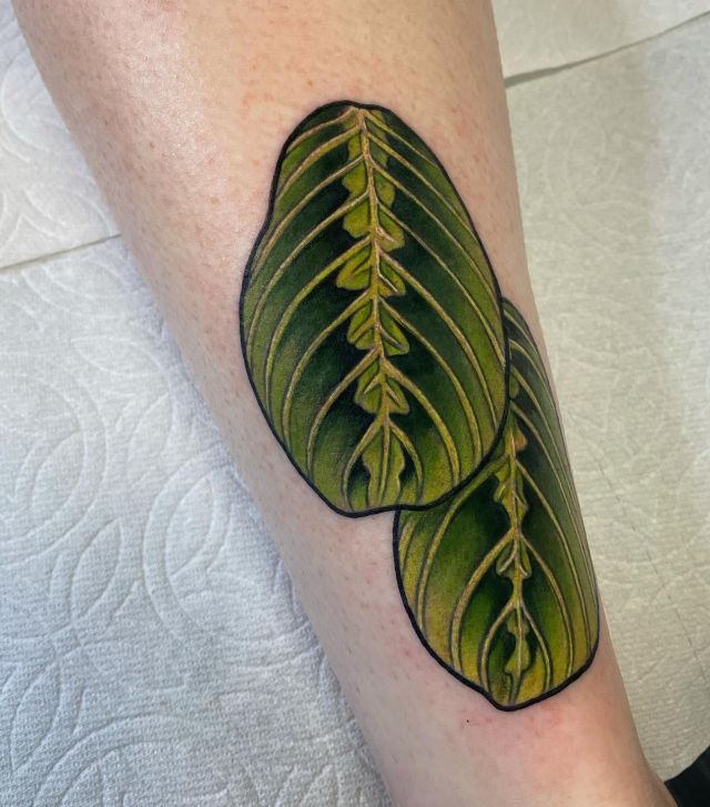 Two Prayer Plant Leaves Tattoo on lower Leg