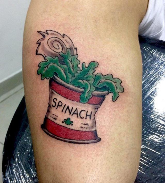 Red Popeye Spinach Tattoo on Leg