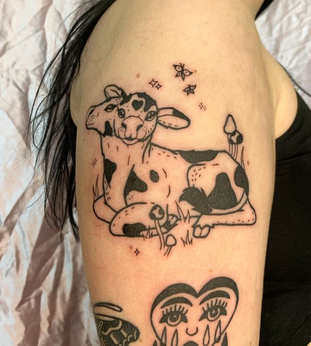 Two Headed Calf Tattoo with Mushrooms and Butterflies On Shoulder