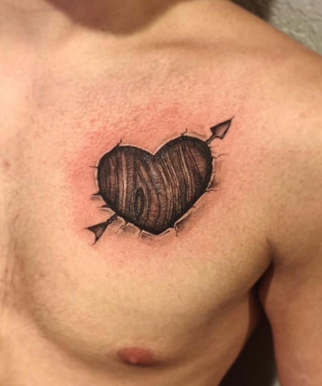 Heart Shaped Wood Grain Tattoo on Chest