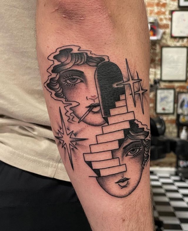 Two Girl Faces and Doorway Tattoo