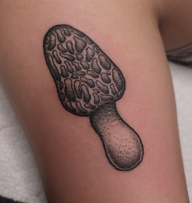 Realistic Morel Mushroom Tattoo on Arm