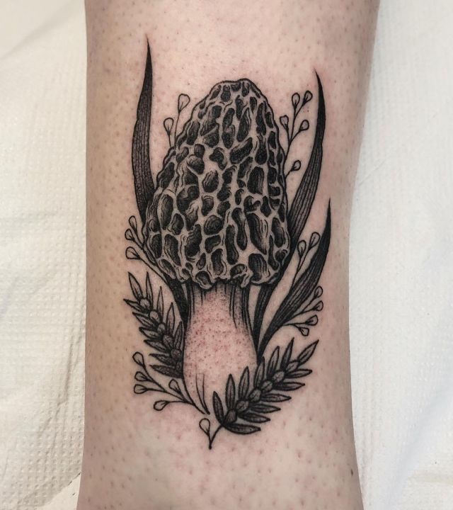 Morel Mushroom Tattoo with Flowers and Plants