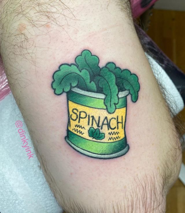 Green Popeye Spinach leaf Tattoo on Leg