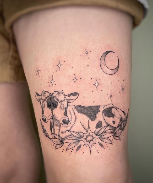 Two Headed Calf Tattoo with Star and Moon On Arm