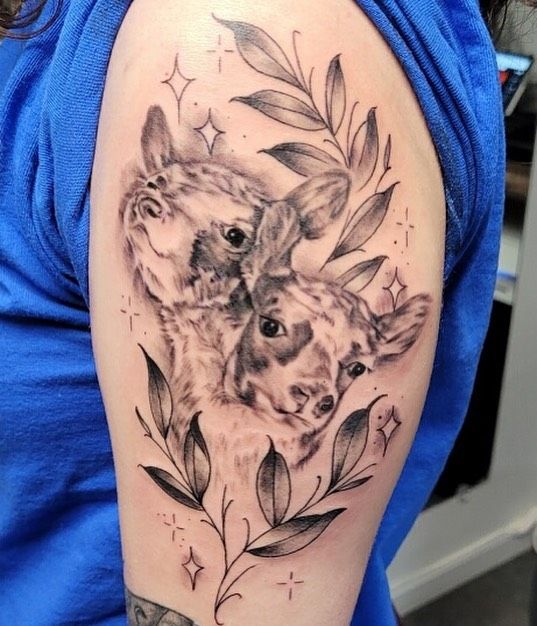 Two Headed Calf Tattoo with Branch On Arm