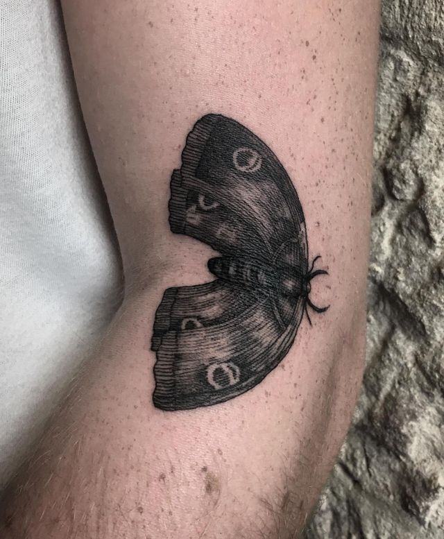 Moth Wood Carving Tattoo on Arm