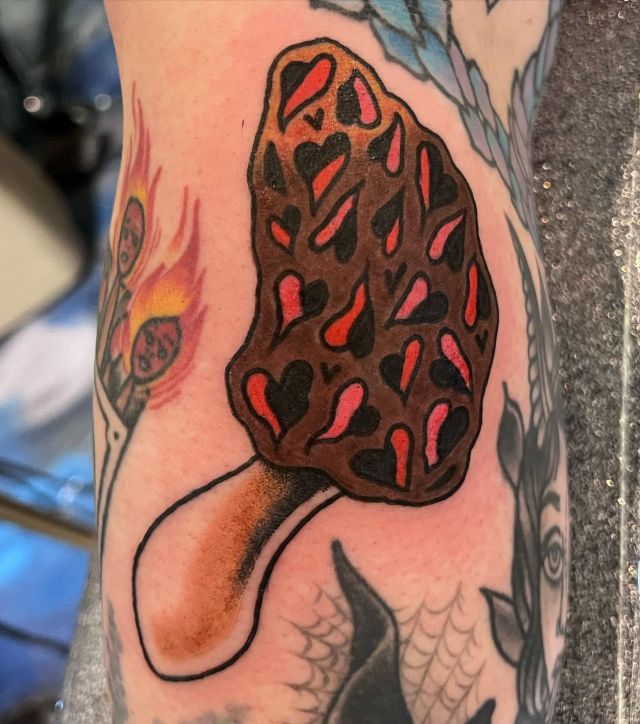 Colorful Morel Mushroom Tattoo on Leg