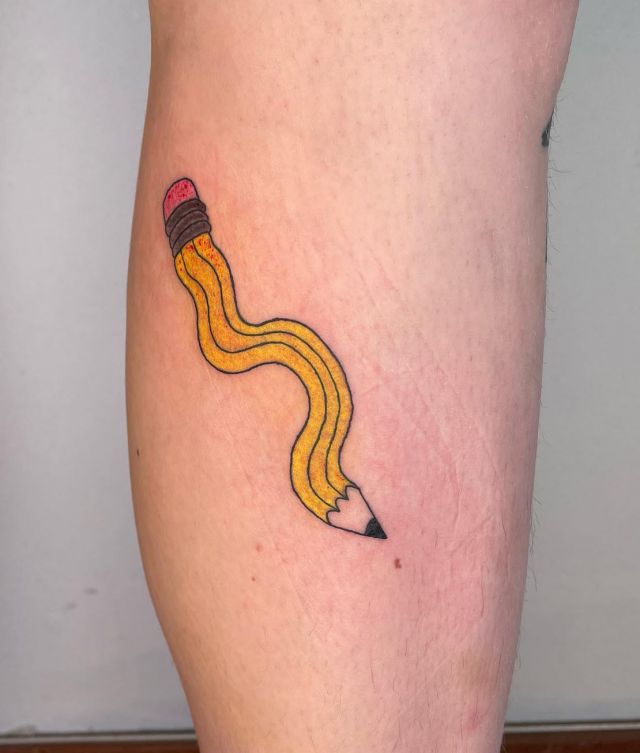 Twisted Yellow Pencil Tattoo on Leg