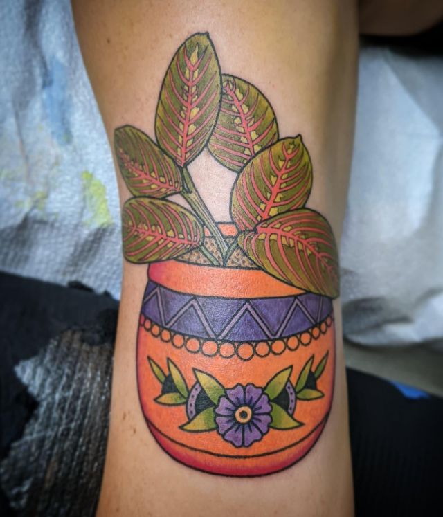Potted Prayer Plant Tattoo on Leg