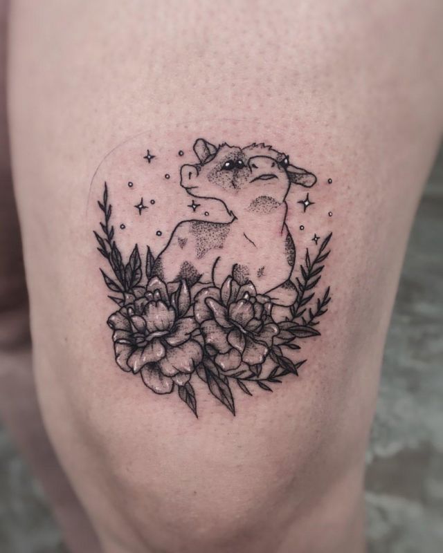 Two Headed Calf Tattoo with Wreath On leg