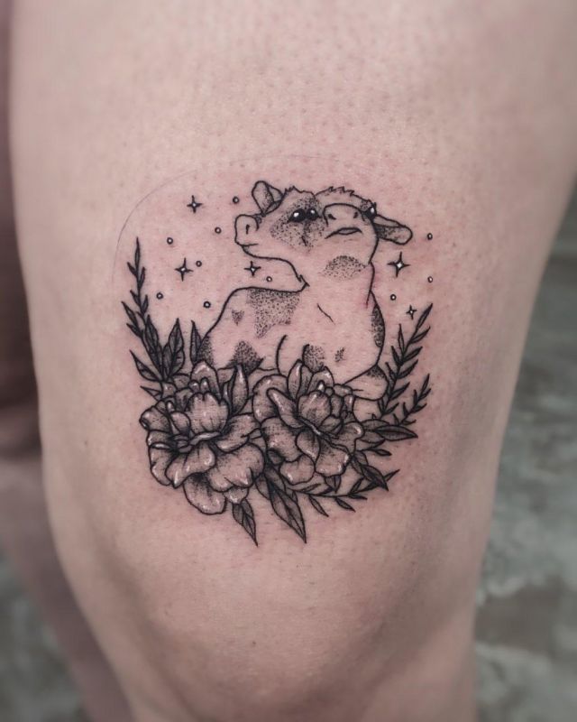 Two Headed Calf Tattoo with Wreath On leg