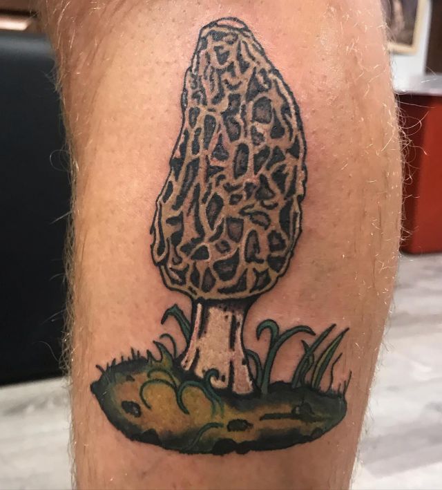 Graceful Morel Mushroom Tattoo on Leg