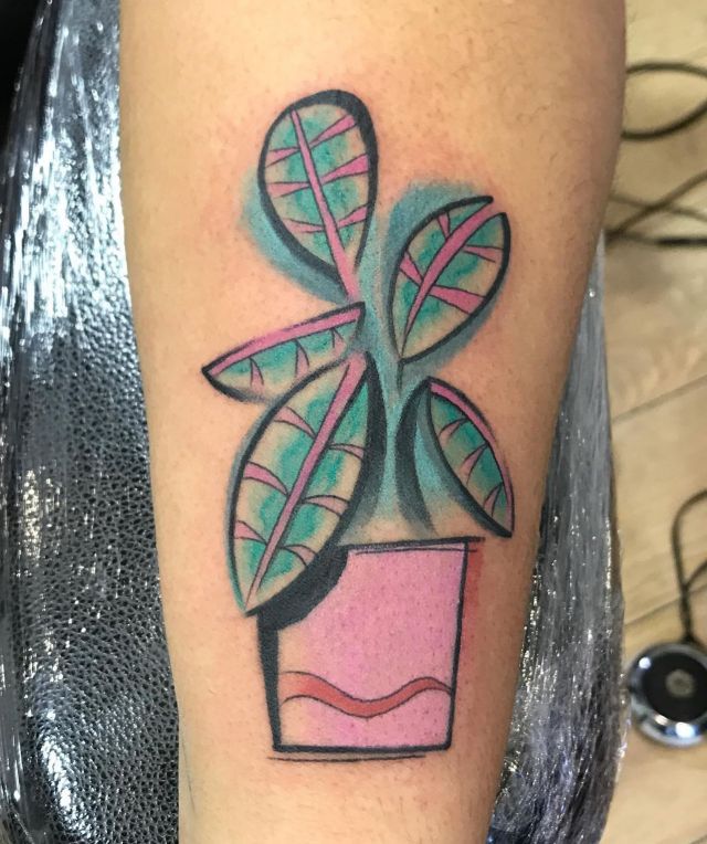 Pink Potted Prayer Plant Tattoo on Leg