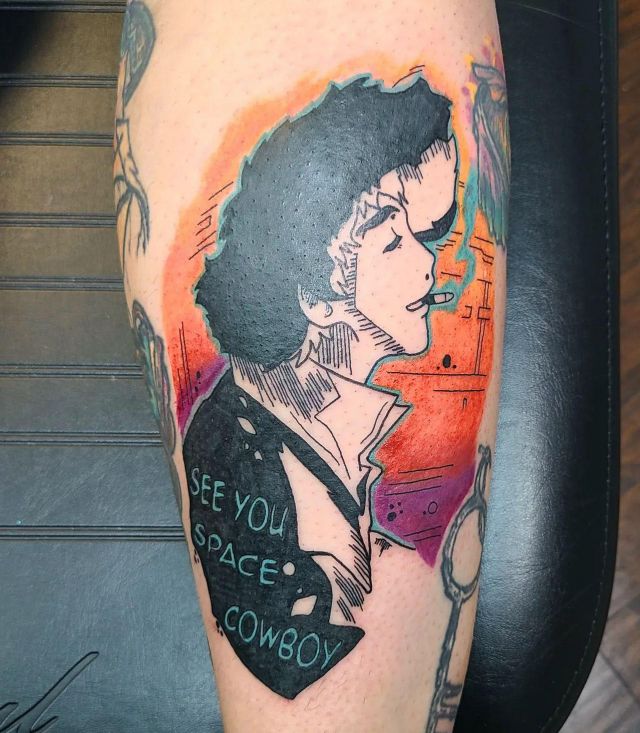 Colorful Spike Spiegel Tattoo on Leg