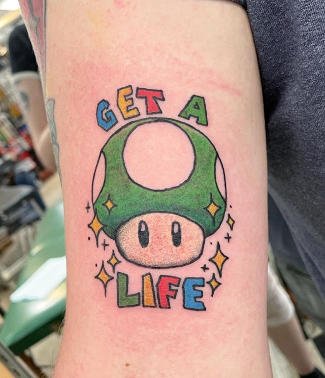 Green Mario Mushroom Tattoo on Arm with GETA LIFE