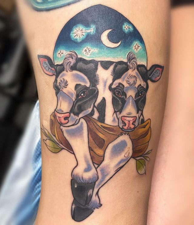 Two Headed Calf Tattoo under The Starry Sky On Arm