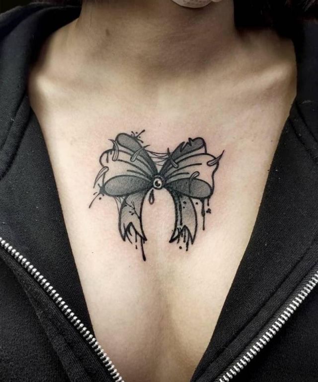 Unique Bow Tie Tattoo on Chest