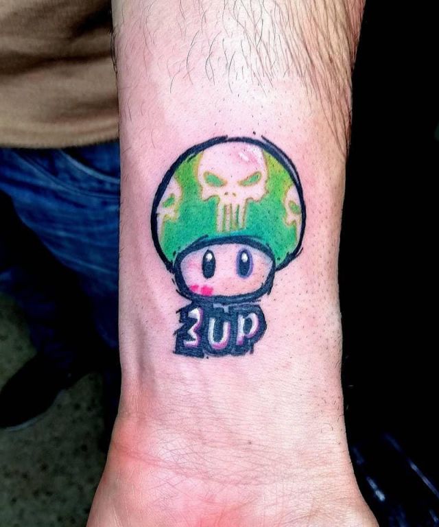 Skull Mario Mushroom Tattoo on Arm with 3UP