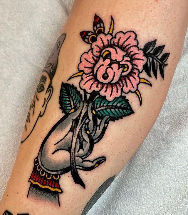 Colorful Mudra Tattoo on Leg