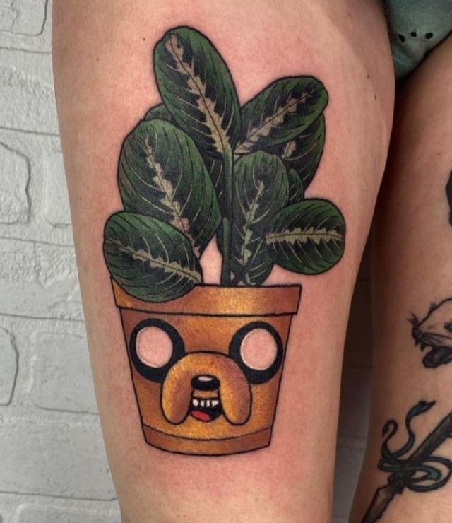Potted Prayer Plant Tattoo on Thigh