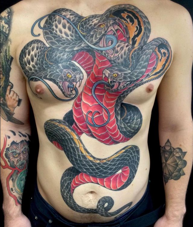 Amazing 3 Headed Snake Tattoo on Chest