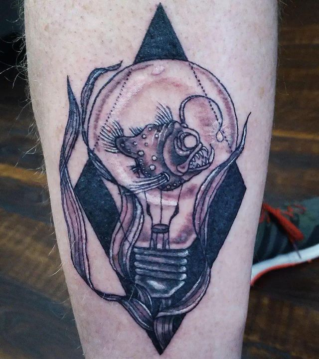 Diamond shape Light Bulb Angler Fish Tattoo on Leg