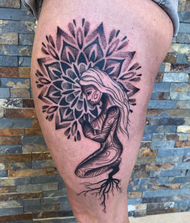 Beautiful Meditation Tattoo on Thigh