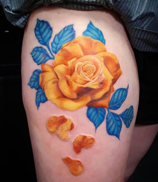 Orange Rose Tattoo on Thigh